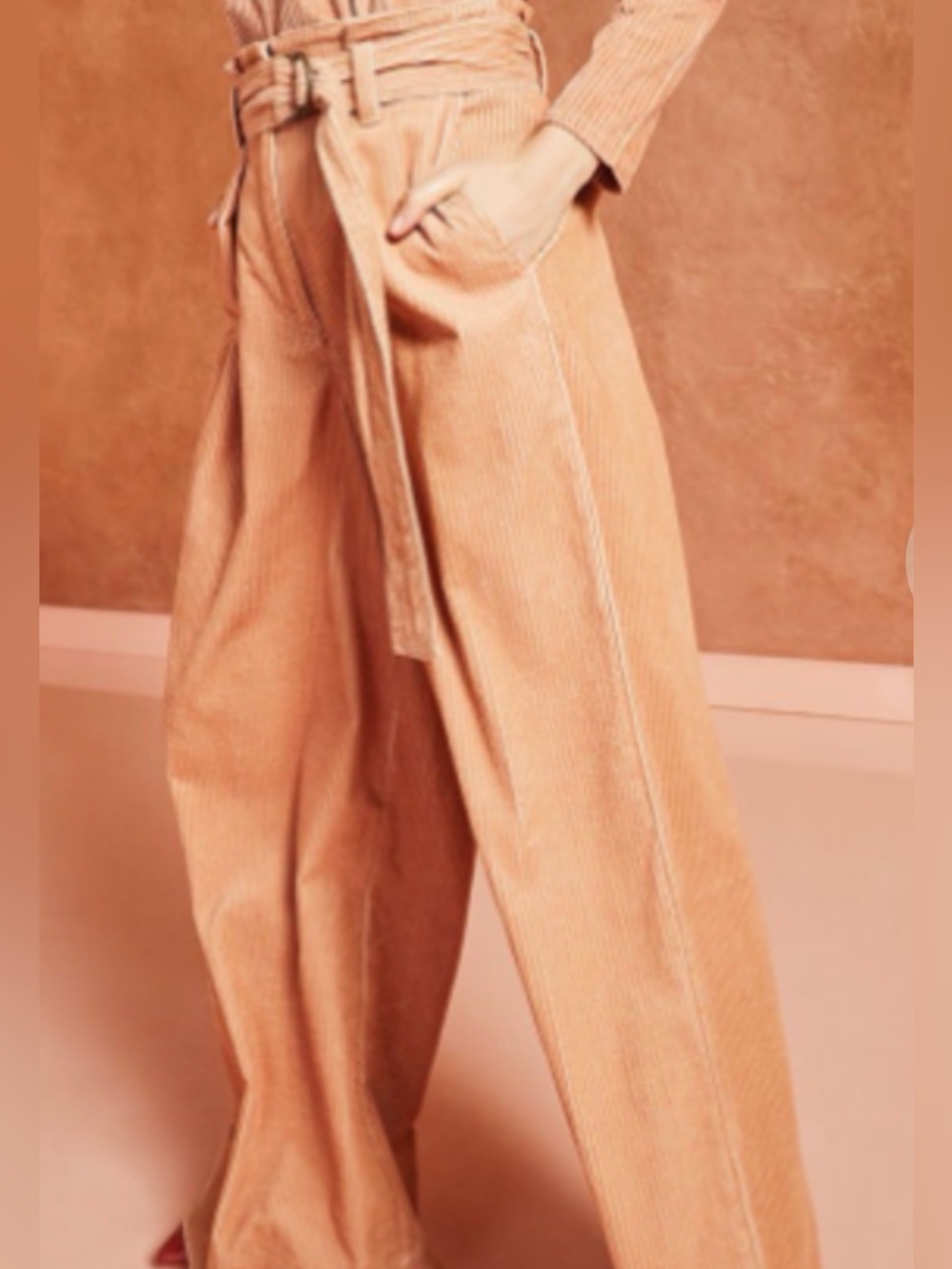 Ulla Johnson Rhodes Corduroy Wide Leg Pleated Belted Pants Size 4 Tan Peach
